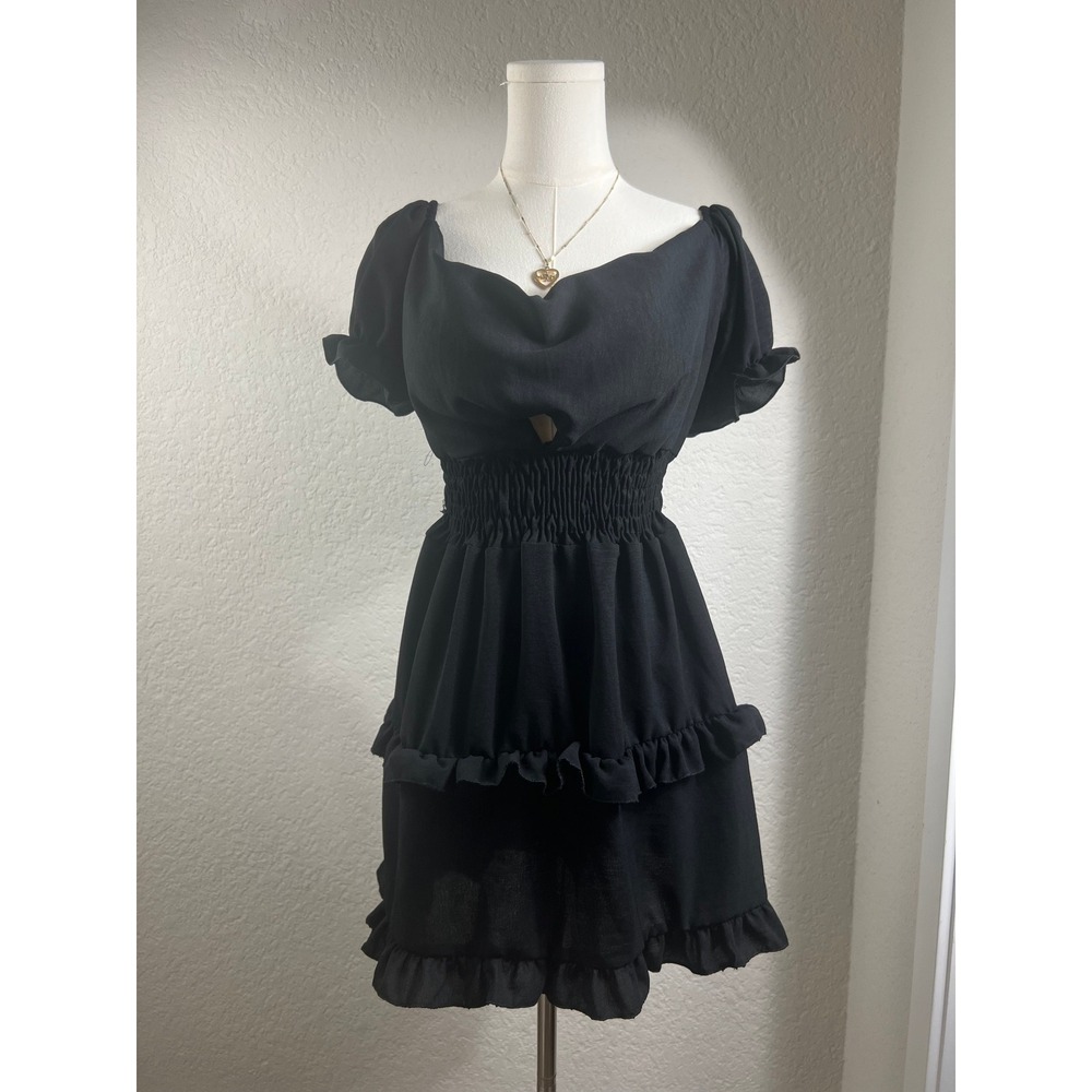 D Brice Black Smocked Tiered Ruffle Mini Dress Milkmaid Puff Sleeve Cutout